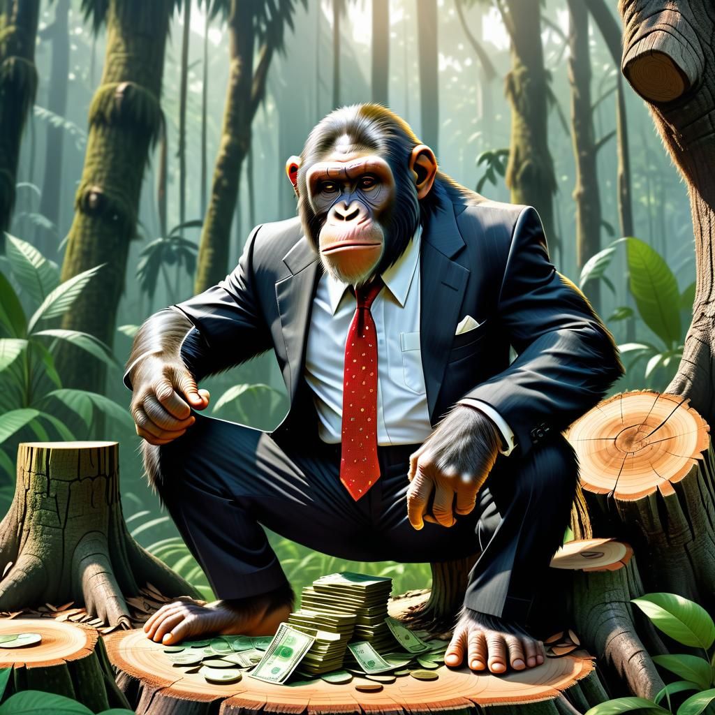 obsessed ape counting his money in the jungle on a tree stum...