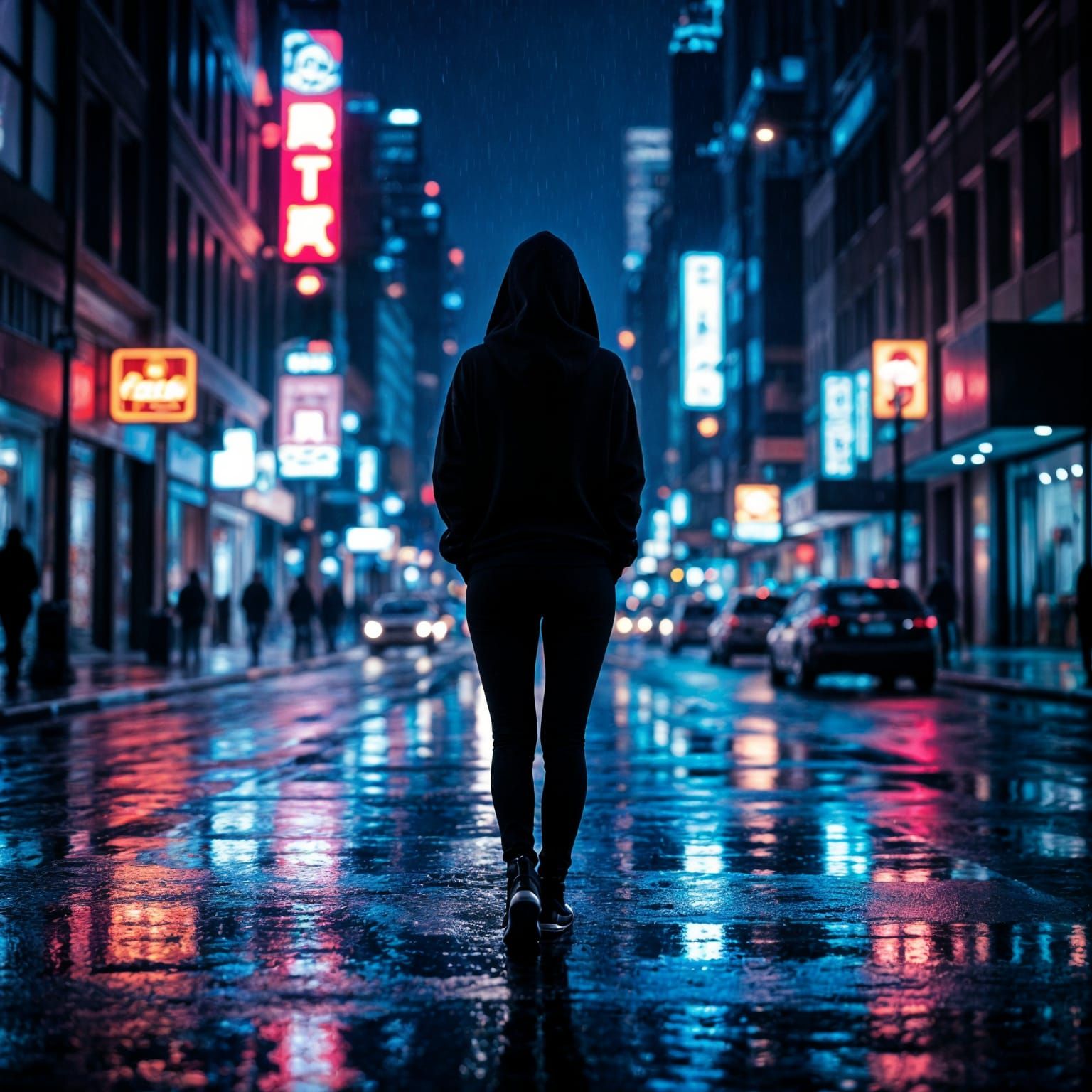 Woman in Rain Hooded Sweater City Street
