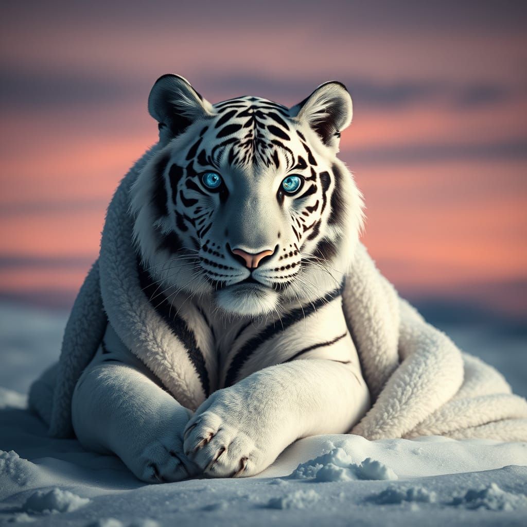 Realistic White Tiger in Snowy Night Scene with Glittering F...