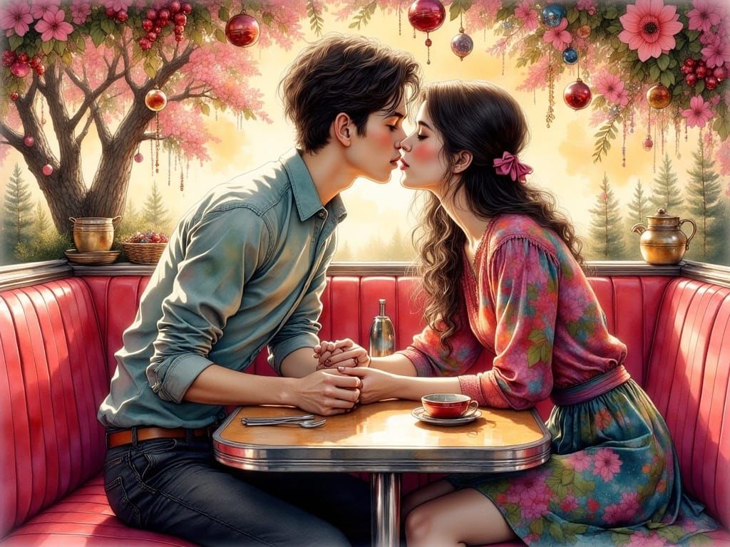Romantic Manga Couple in 80s Christmas Diner