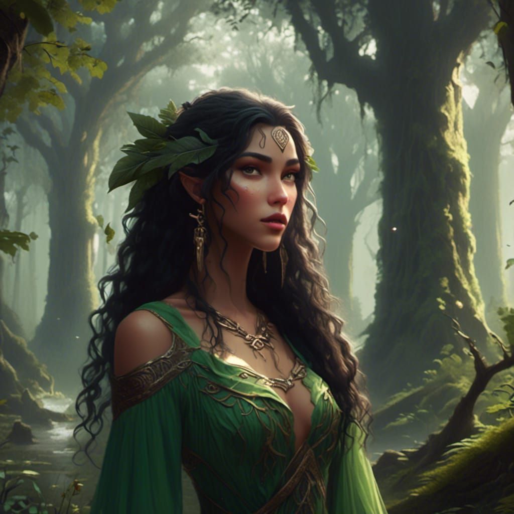 Elven Druid in Mysterious Forest, Detailed Digital Portrait