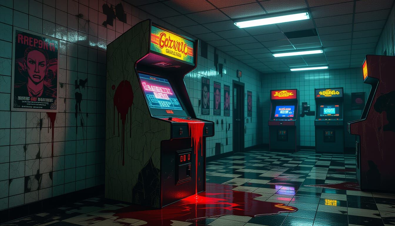 Neon Blood Arcade Cabinet in Cyberpunk Horror Style