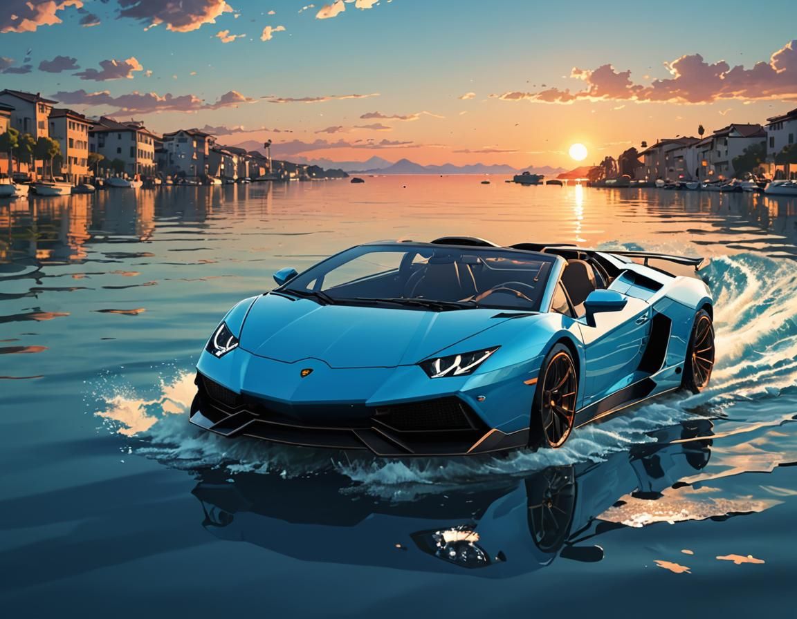 Lamborghini Boat Car at Sunset: Anime Style