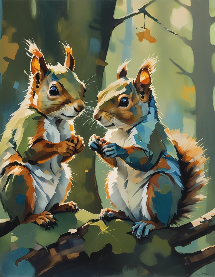 Squirrels in Forest: Expressionist Gouache Painting