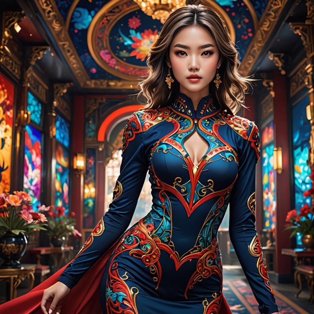 stunning top model woman wearing a body suit, stylish anime-...