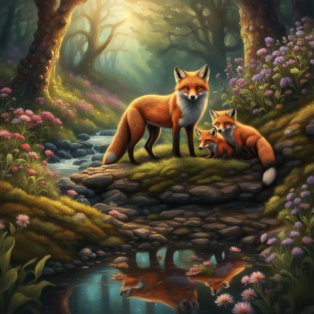 Fox Family at Den Entrance: Digital Matte Painting