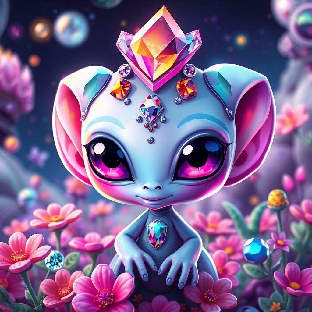Cute Cartoon Alien with Diamond Jewels in Fantasy Landscape