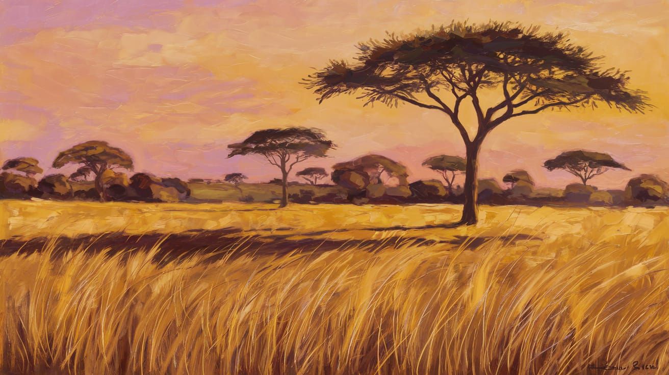 Golden Savannah Sunset in Oil Painting Style