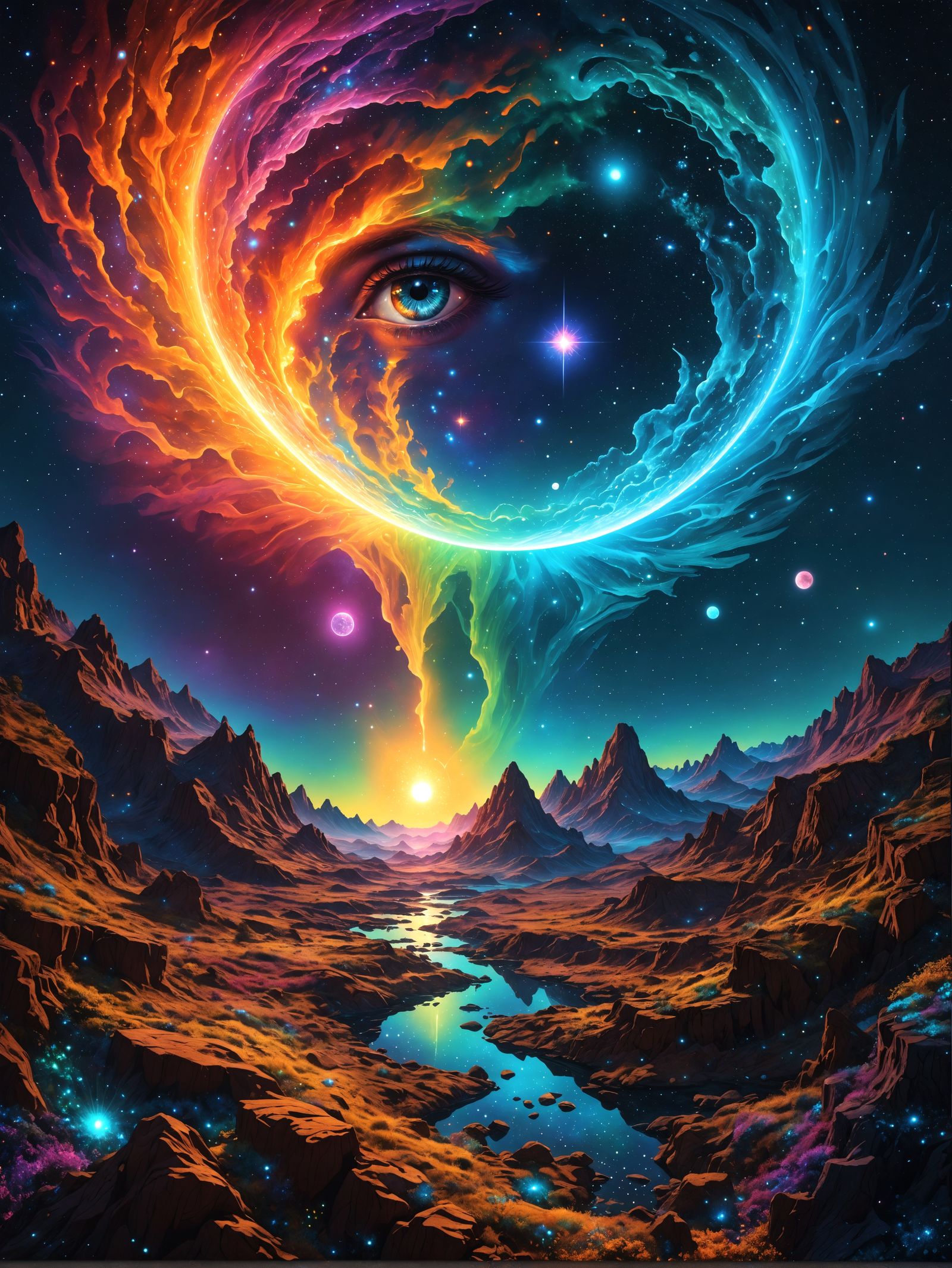 Holographic Cosmic Astral Illustration in Mixed Media