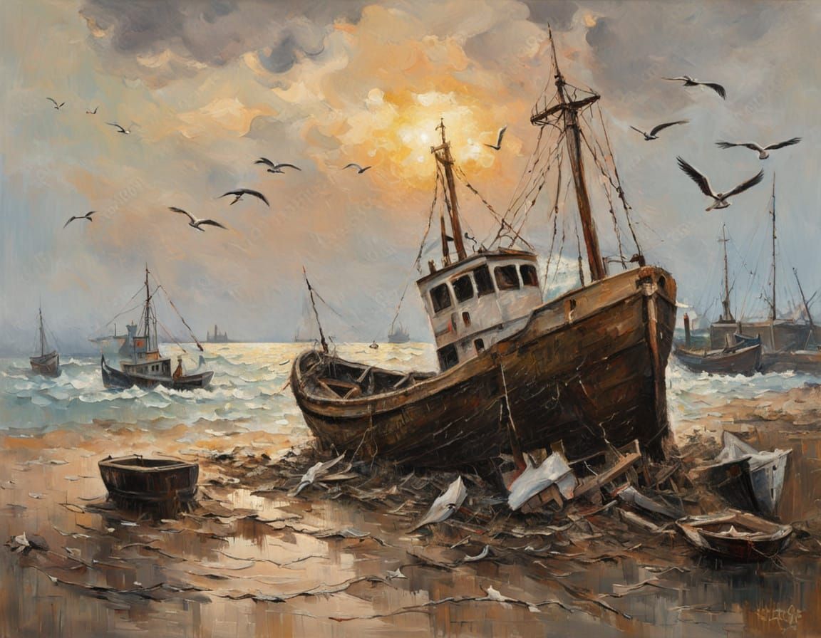 Old Trawler in Deserted Harbor Oil Painting