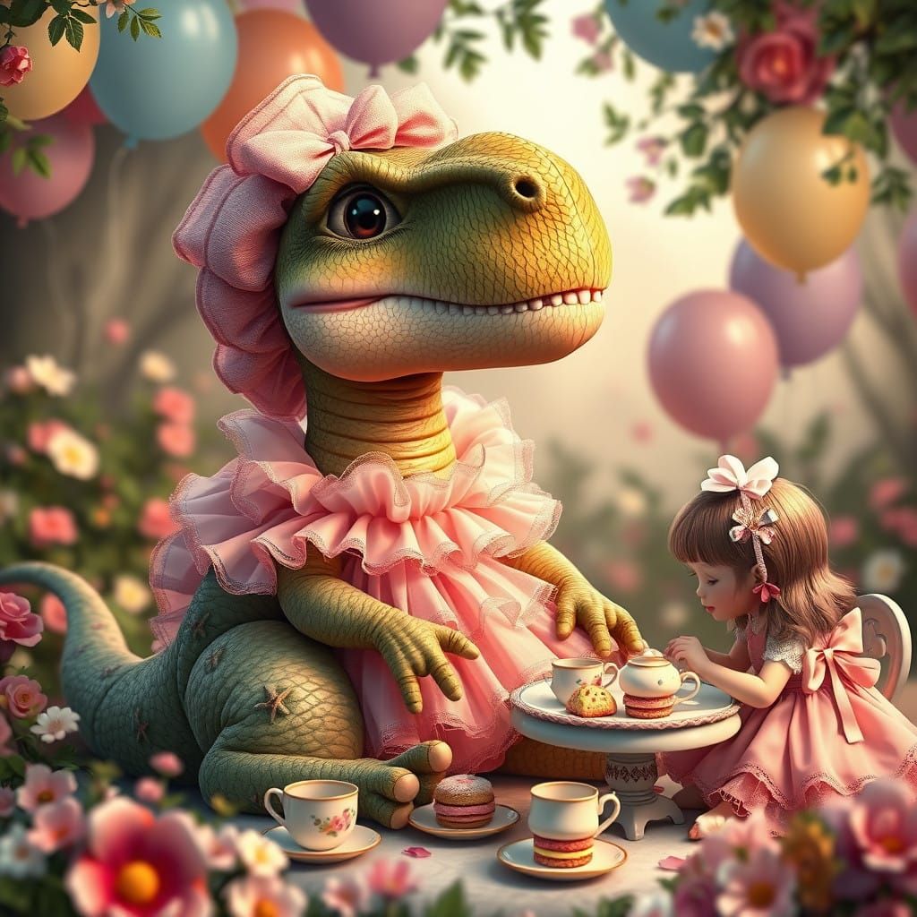 Charming Baby T-Rex at Whimsical Tea Party in Dreamy Garden...