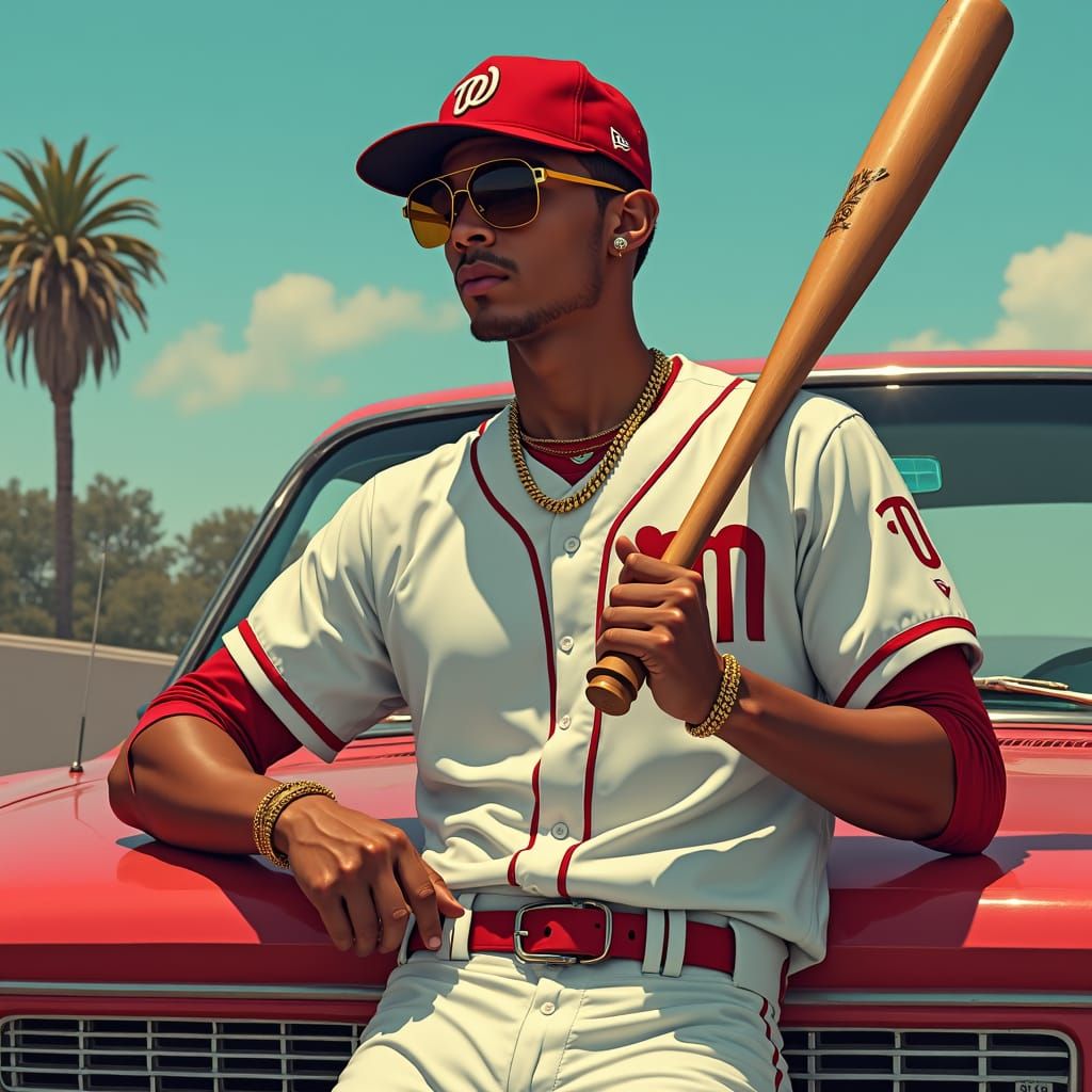 Baseball Player with Bat Leaning on Classic Car