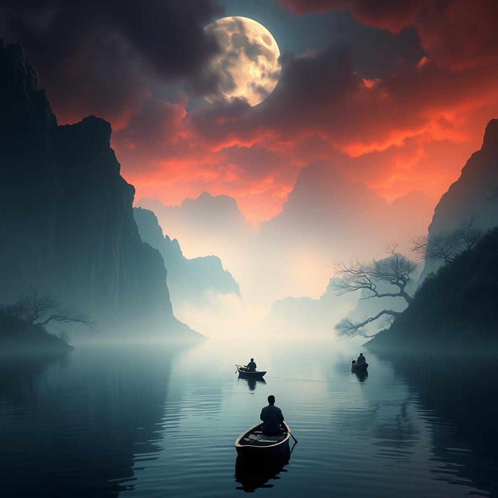 Ethereal Fisherman in Orientalist Lake Landscape