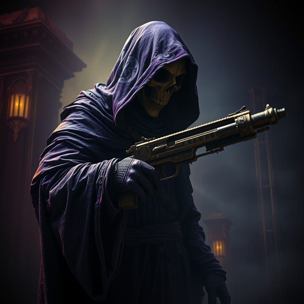 Dark Reaper Holds Ornate Gun in Foreboding Scene