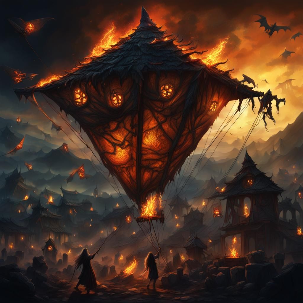 Orcs Raise Burning Witch Kites in Dark Night