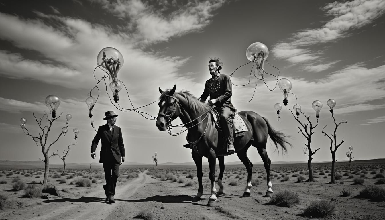 Lightbulb-Headed Man Rides Through Surreal Desert