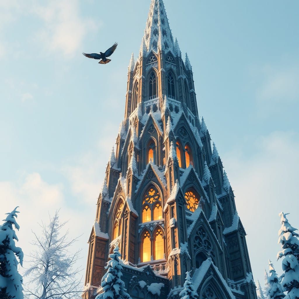 Whimsical Gothic Tower in Winter Wonderland