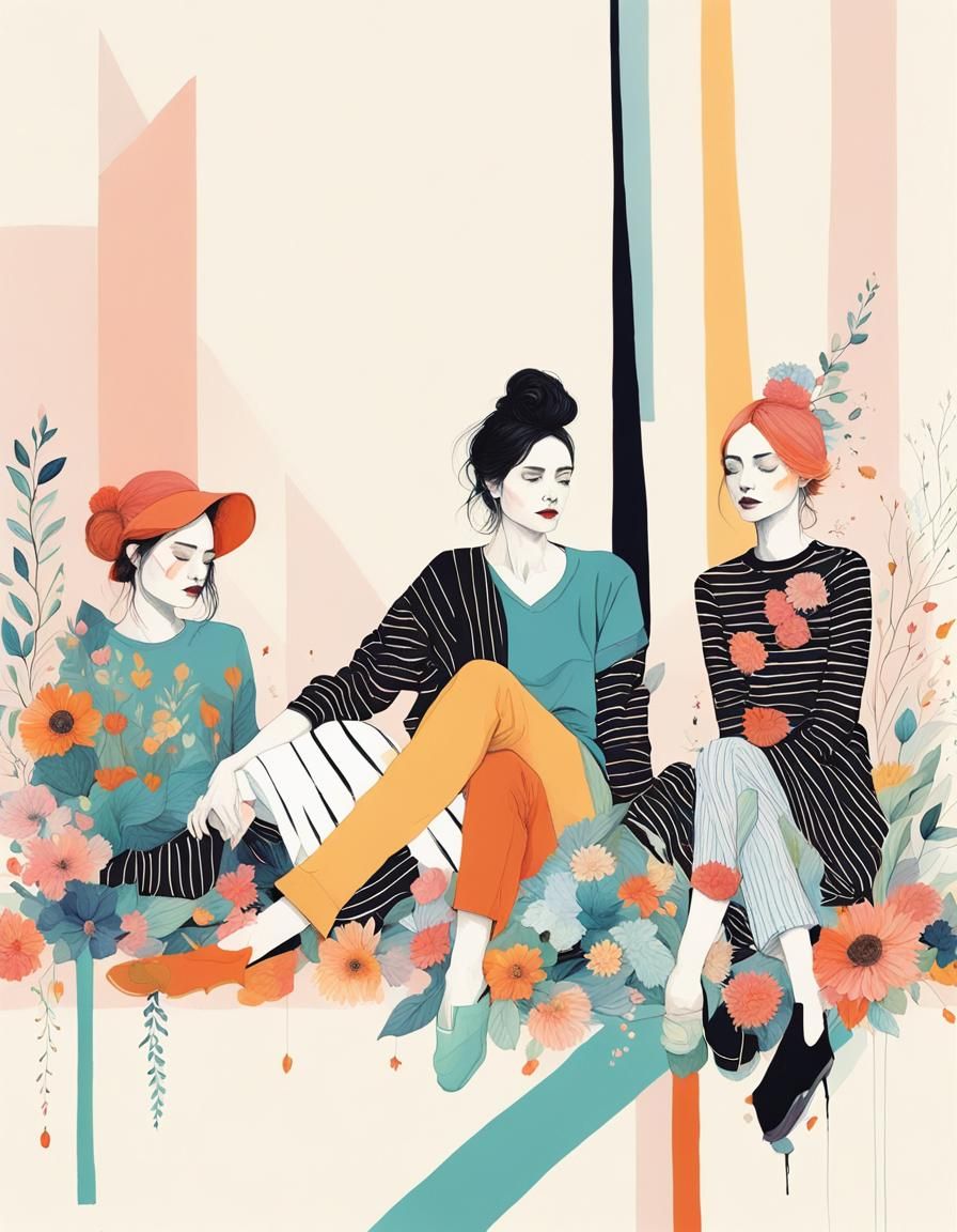 Abstract Friends Illustration with Floral Accents