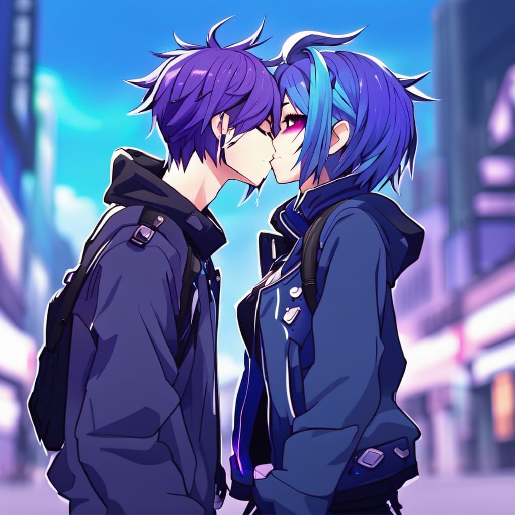 Anime E-girl and Punk Couple Kissing
