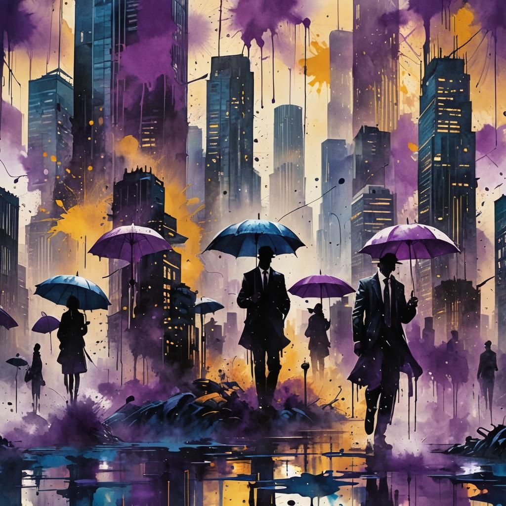 Ink Splatter Cityscape with Misty Atmosphere