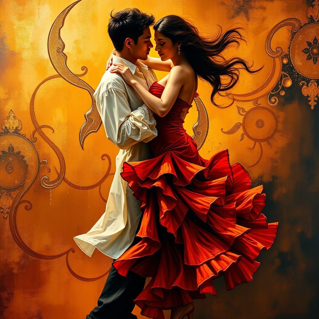 Sensual Latinoamerican Rumba Dance Duo in Golden Oil Paintin...