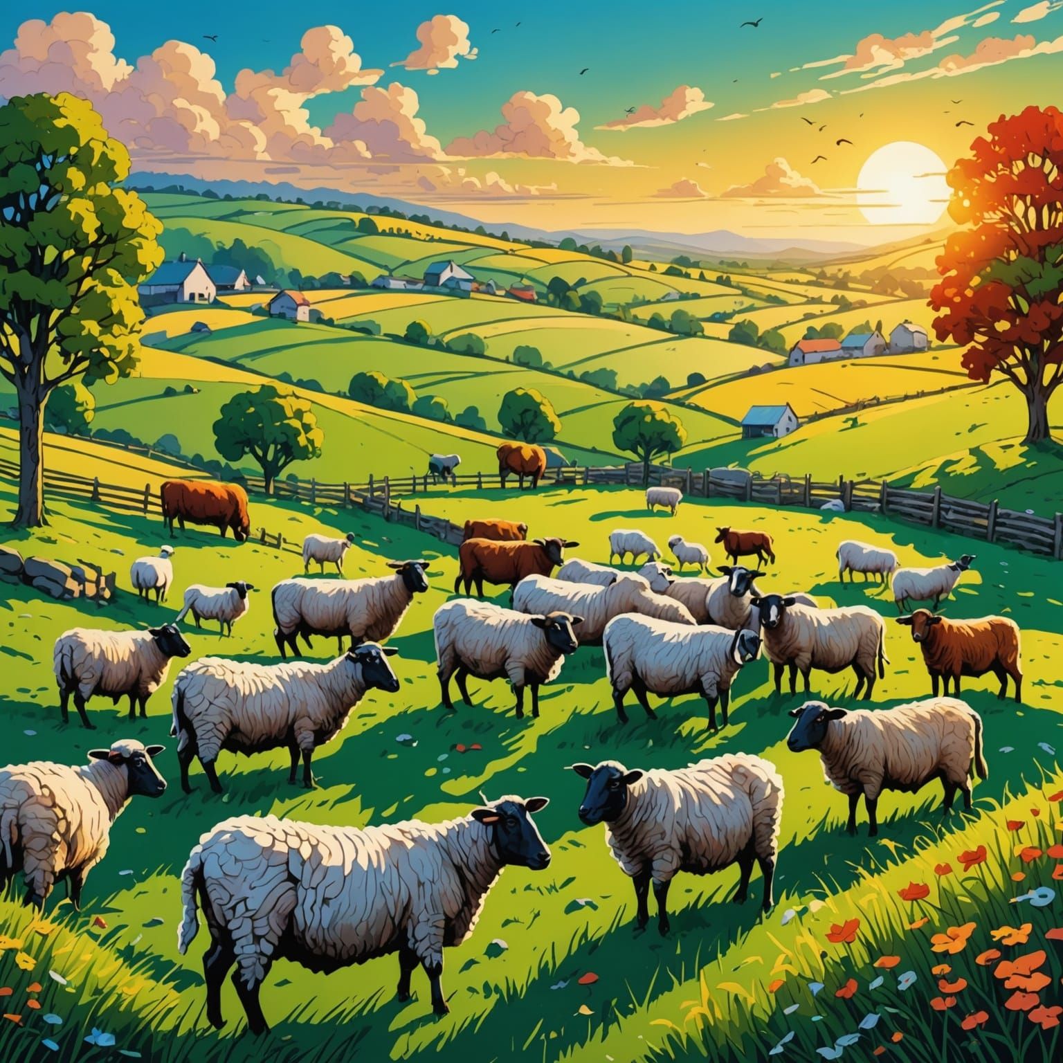 Hyperrealistic Doodle Countryside with Sheep and Cows