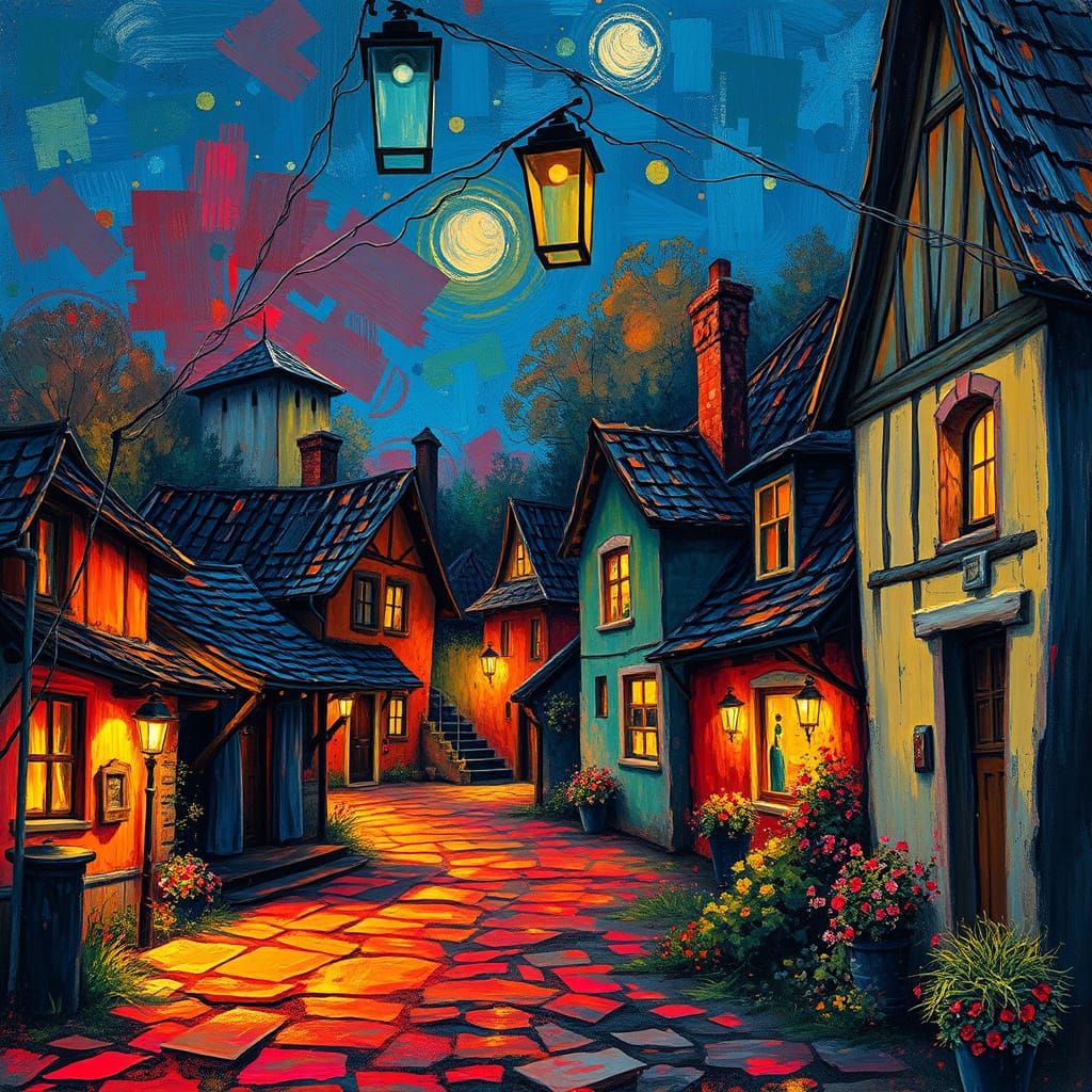 Whimsical Night Village in Neo-Expressionist Oil and Acrylic