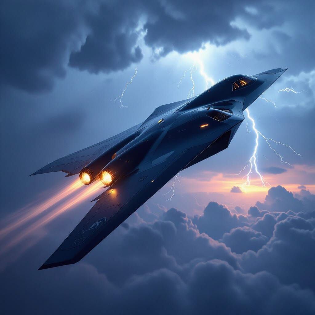 Sleek Stealth Bomber in Stormy Sky, Cinematic Lighting