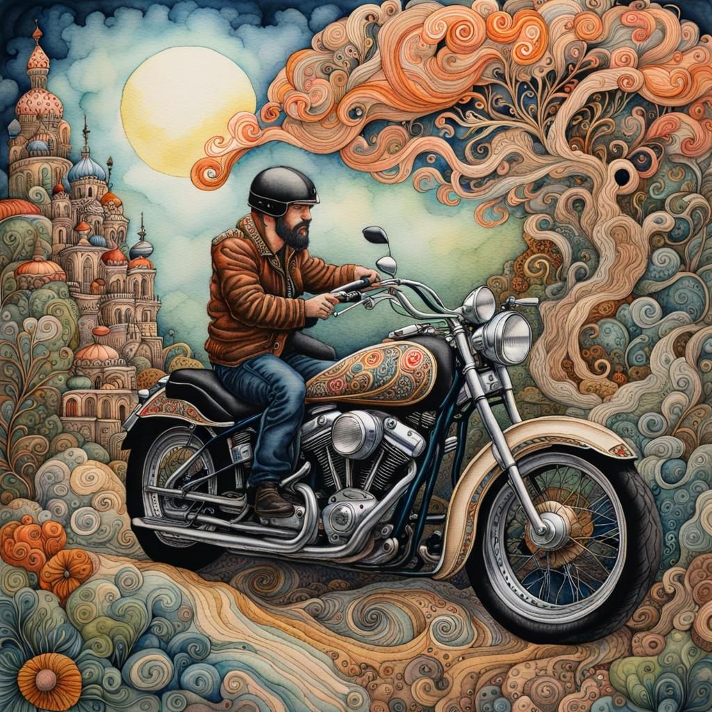 Whimsical Watercolor Biker in Vintage Storybook Style