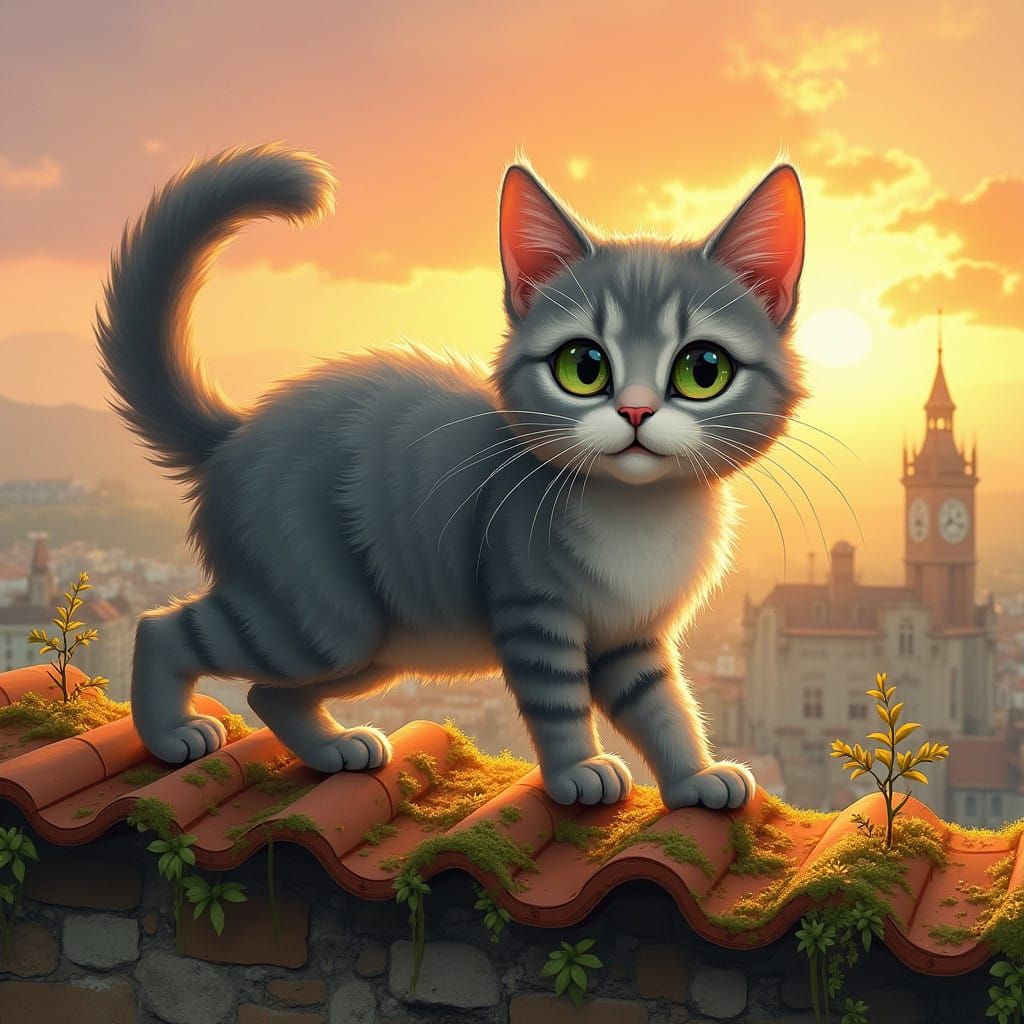 Whimsical Cat on Roof in Impressionist Style
