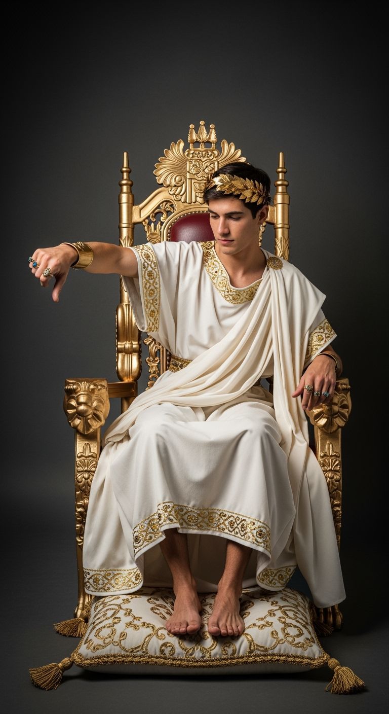 Young Roman Emperor Sits on Gold Throne in Toga