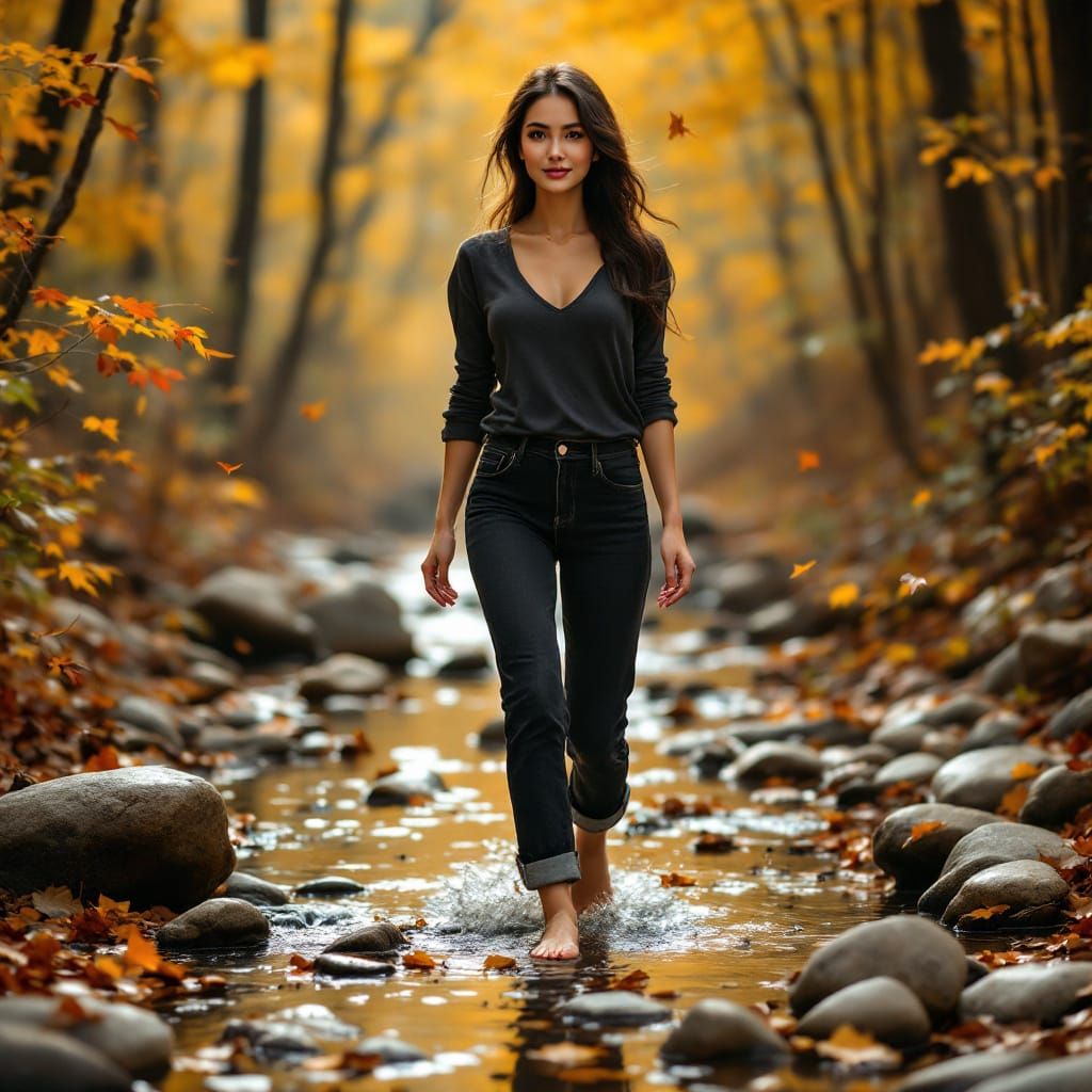 Thai Woman in Autumn Woods Stream