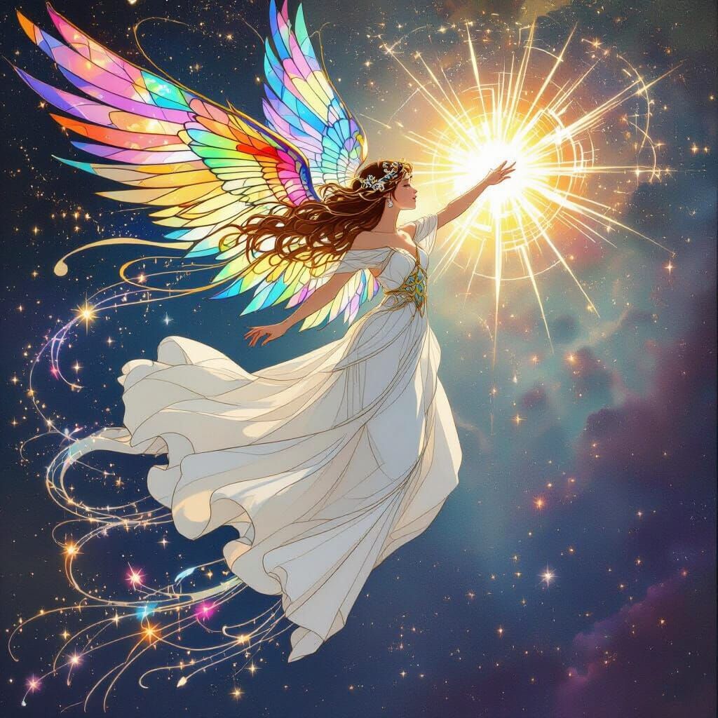 Girl with Stained Glass Feathers Soaring Through Nebula