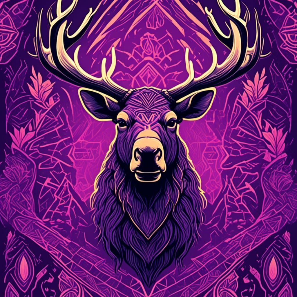 Moose King with Purple Runes in Screen Print Style