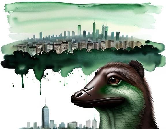 Platypus over Green Urban Skyline in Watercolor