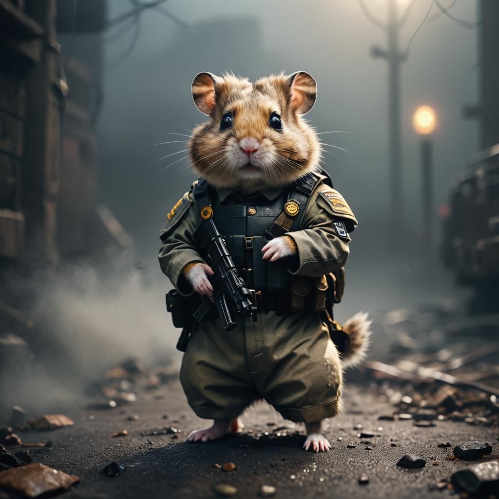 Hamster Soldier in Fog: Hyper-Realistic Digital Art