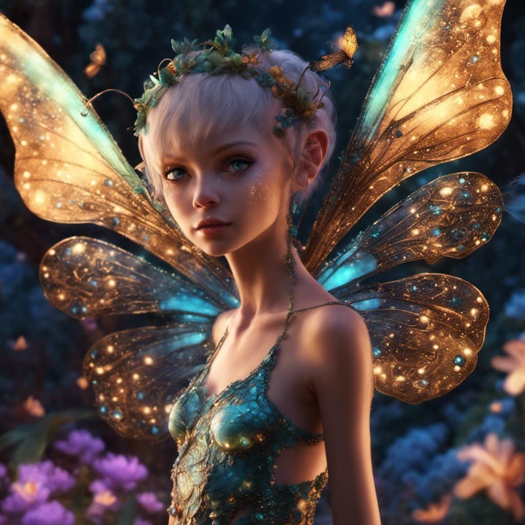 Bioluminescent Pixie with Butterfly Wings in Digital Art