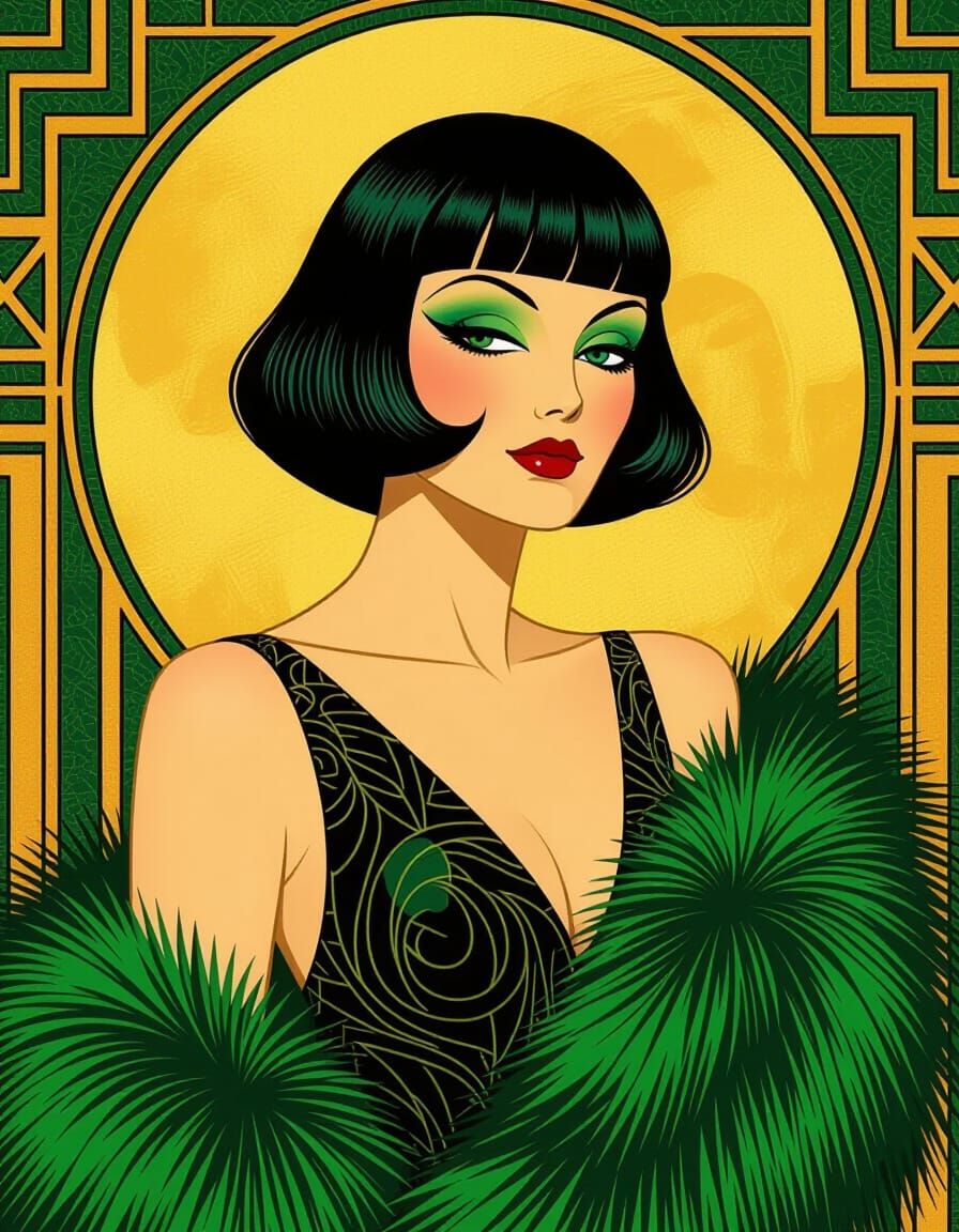 Elegant Art Deco Woman with Green Boa