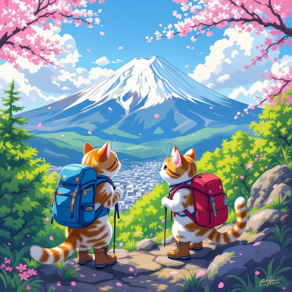 Cats Climb Mount Fuji in Miyazaki Style