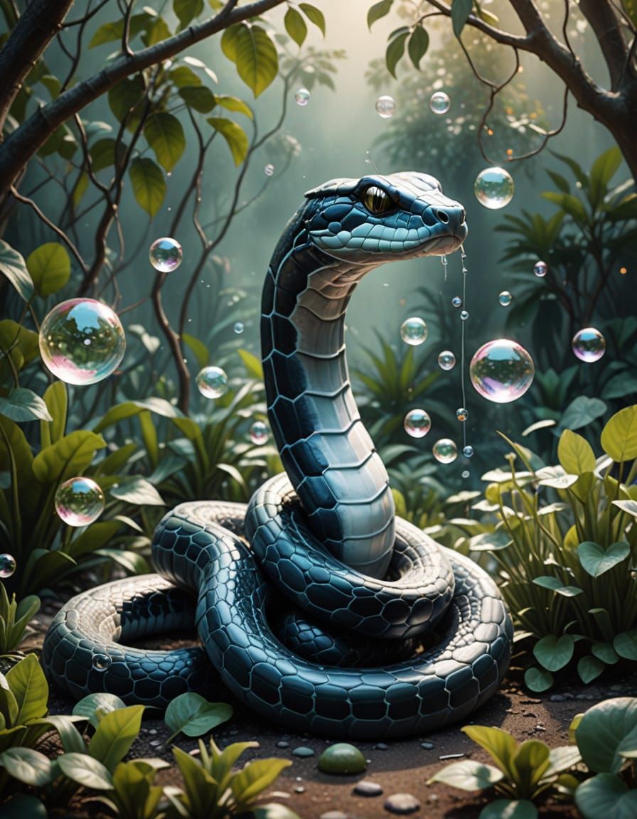 King Cobra in Misty Garden, Dreamlike Watercolor Style