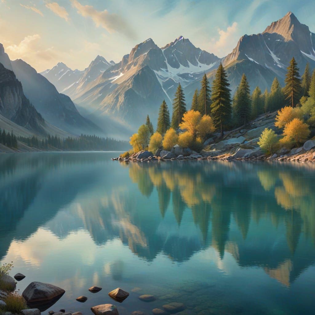 Bierstadt-Inspired Serene Mountain Landscape with Calm Lake