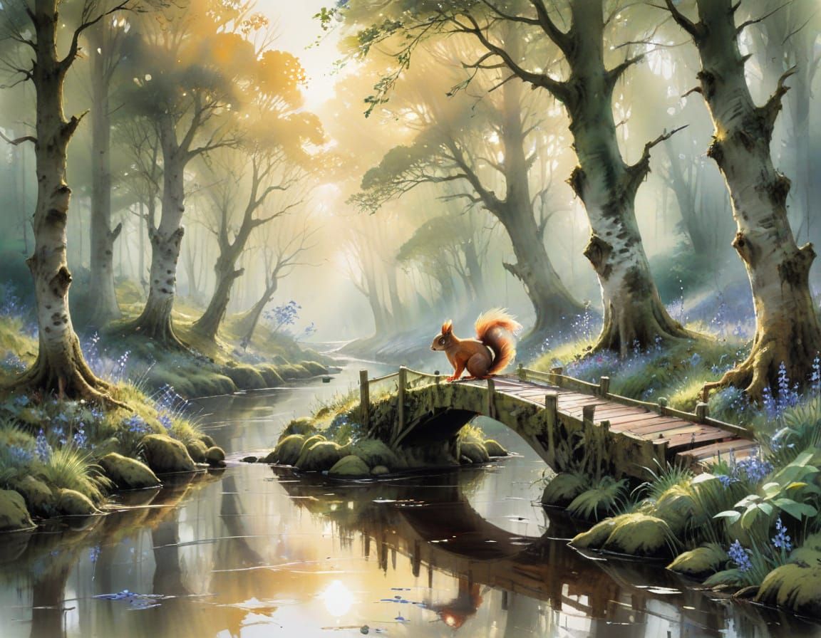 Forest Sunrise Watercolor Painting with Brook and Squirrel