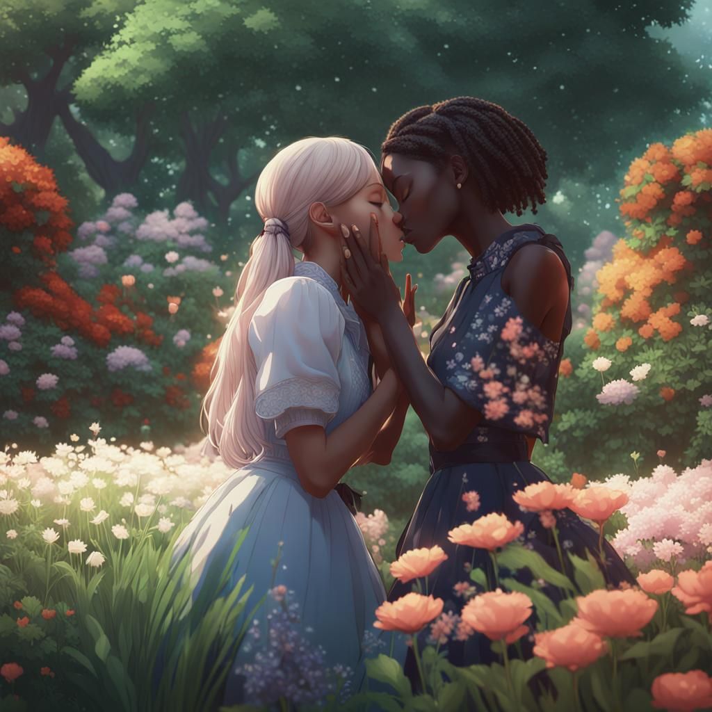 Women Kissing in Garden: 3D Anime Art