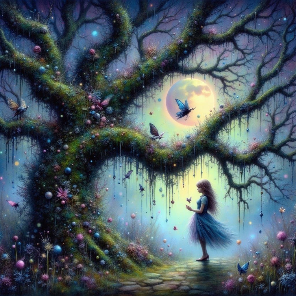 Ancient Oak Tree in Moonlit Glade with Ethereal Aura