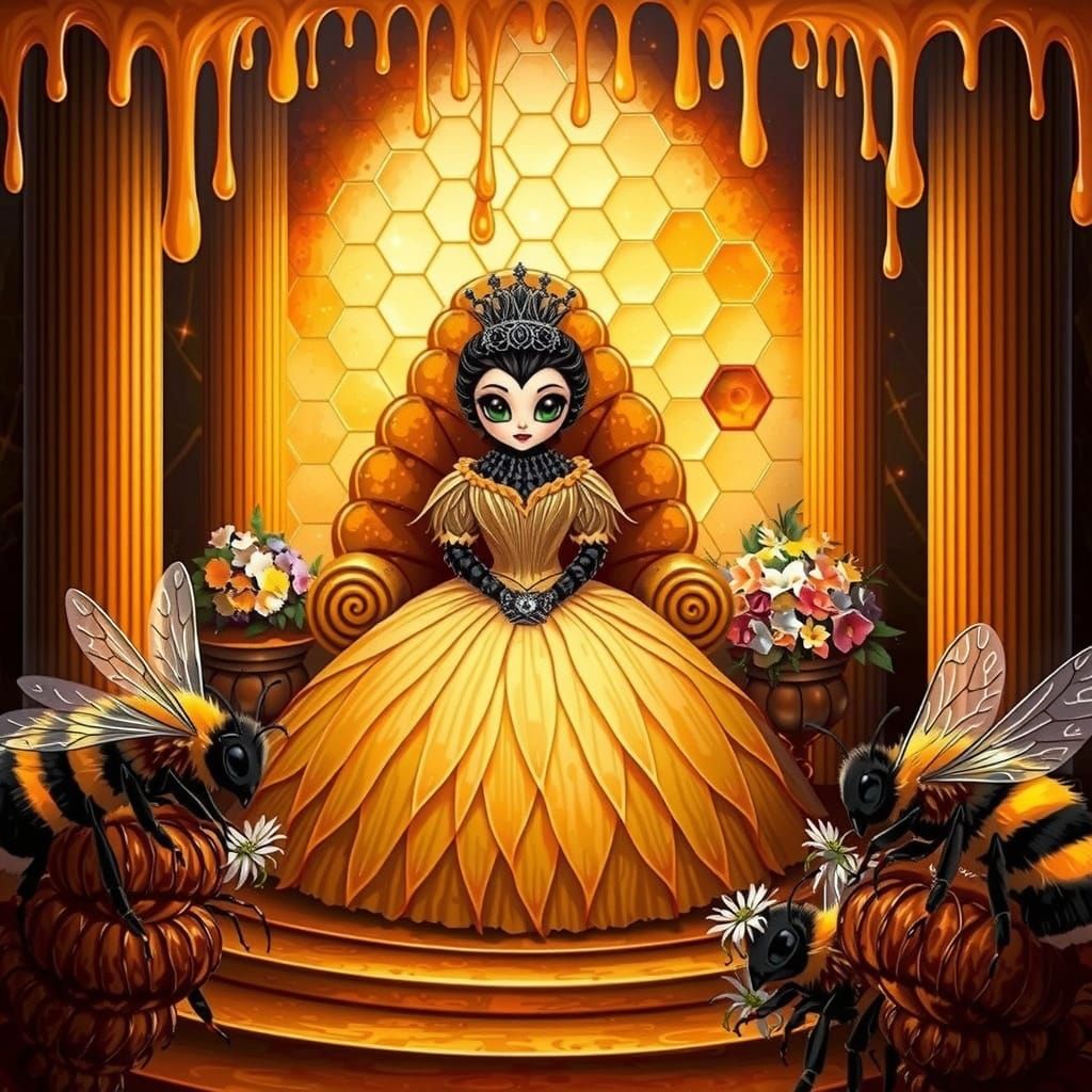 Royal Bee Princess in a Vibrant Beehive Throne Room