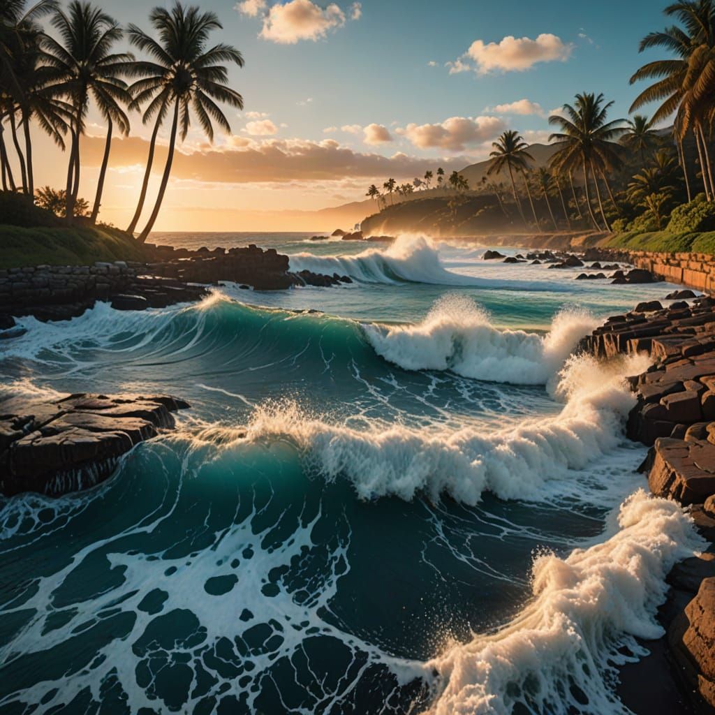 Epic Pipeline Waves Crash Against Coastal Cliffs in Golden H...