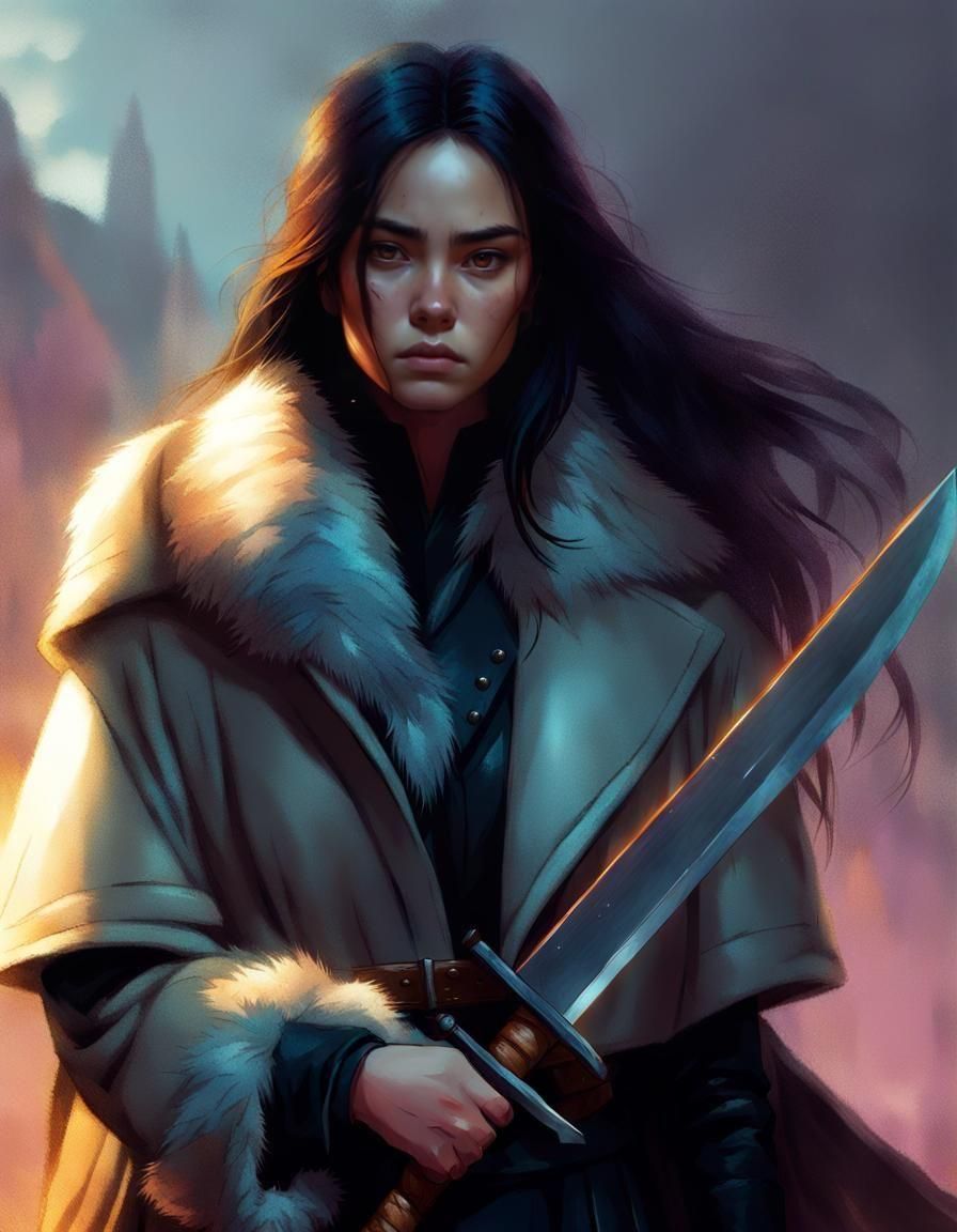 A pretty young warrior princess with long dark hair, holding...