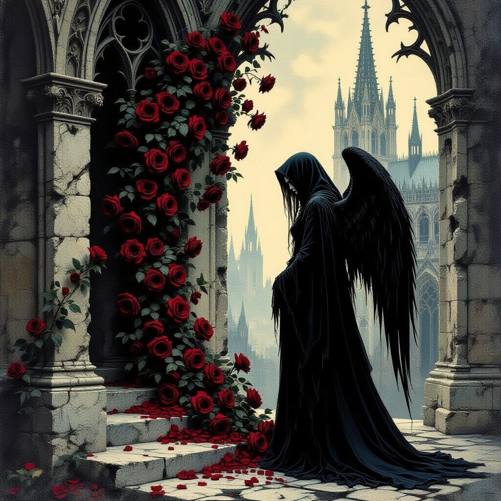 Gothic Angel Before Crumbling Cathedral with Crimson Roses
