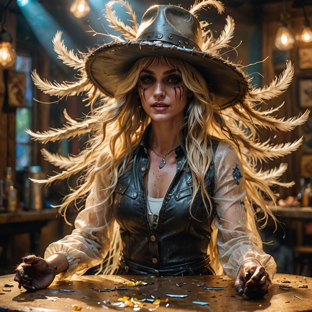 hillbilly raccoon skin hat on beautiful fantasy angel blond model spreads her glowing wigs  baby oiled all over  invisib...