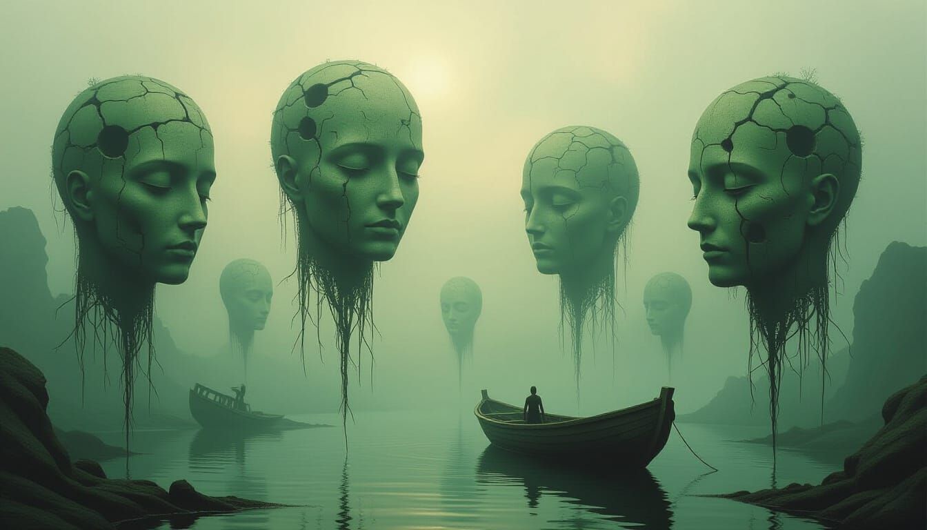 Surreal Head Islands in Beksiński's Nightmare Style